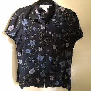 Jones New York Dark Blue Floral Silk Blouse